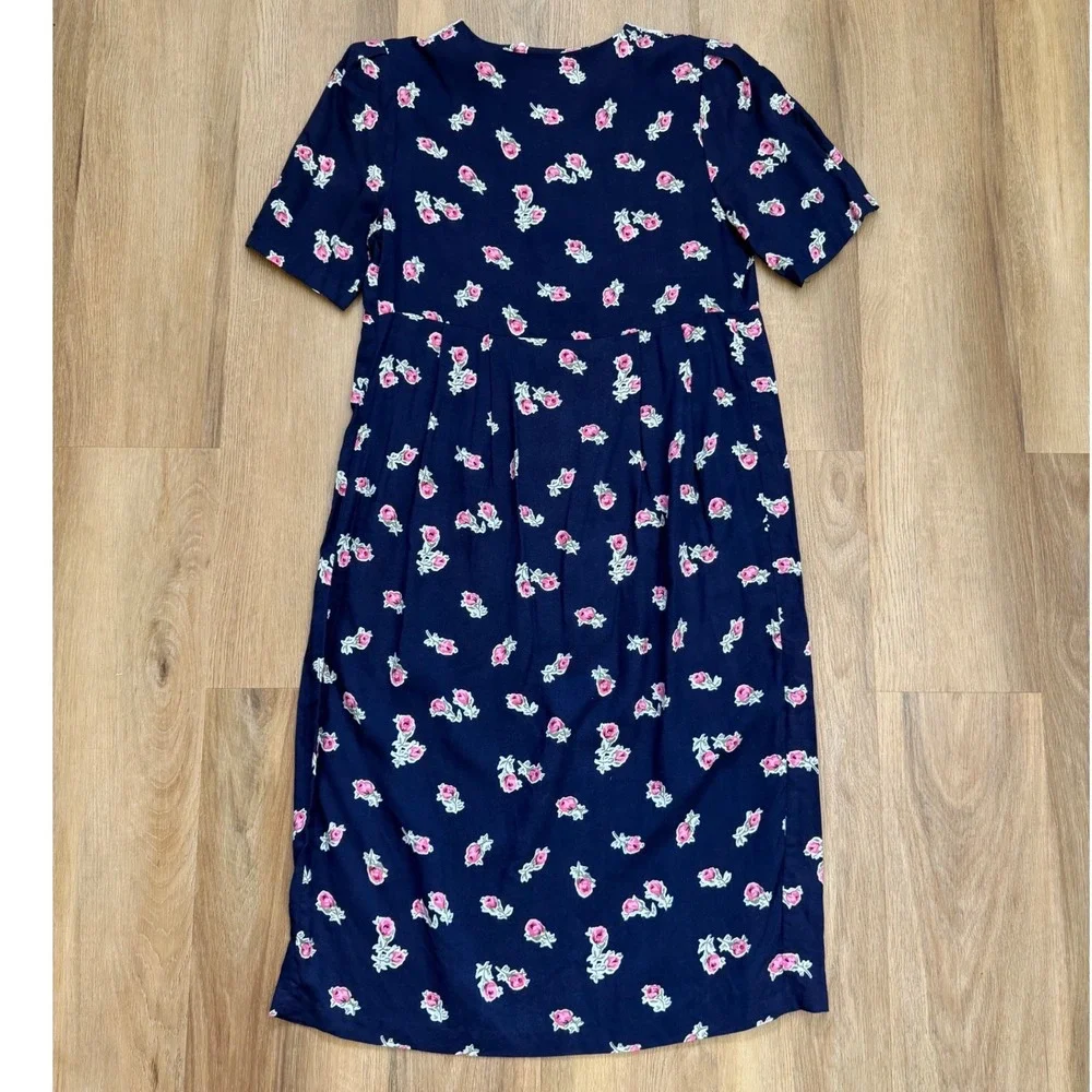 Vintage Floral Midi Dress Navy Pink Lace Collar Pearl Buttons cottage prairie